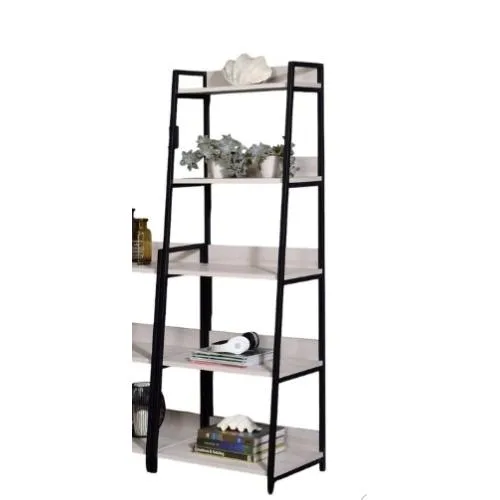 A leaning ladder bookshelf with five natural wood shelves and a black metal frame
