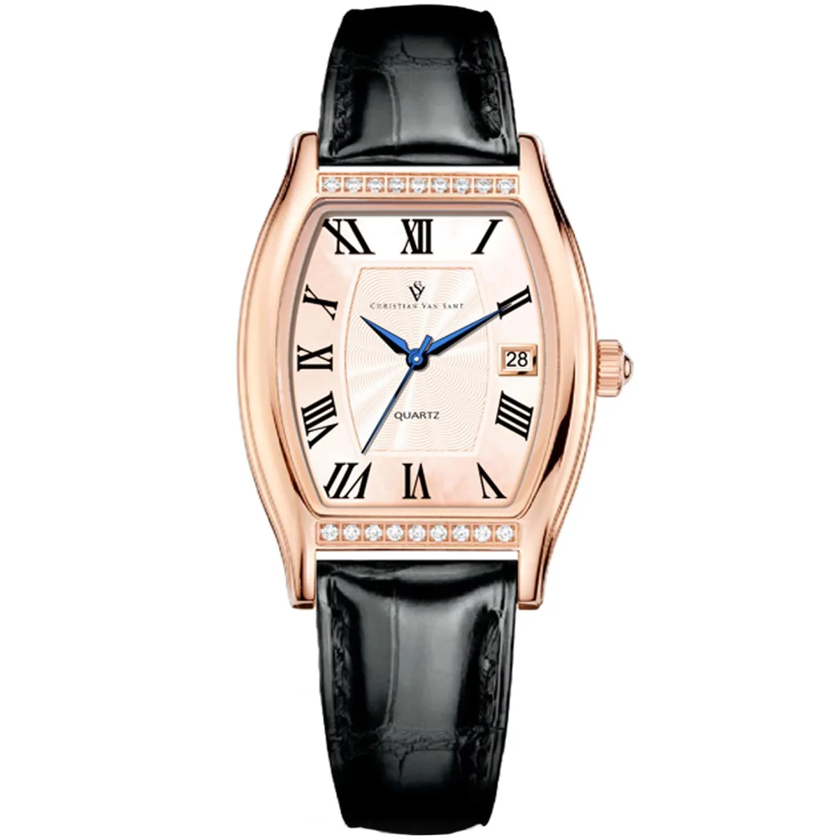 Rose gold dial watch with stainless steel case and leather strap