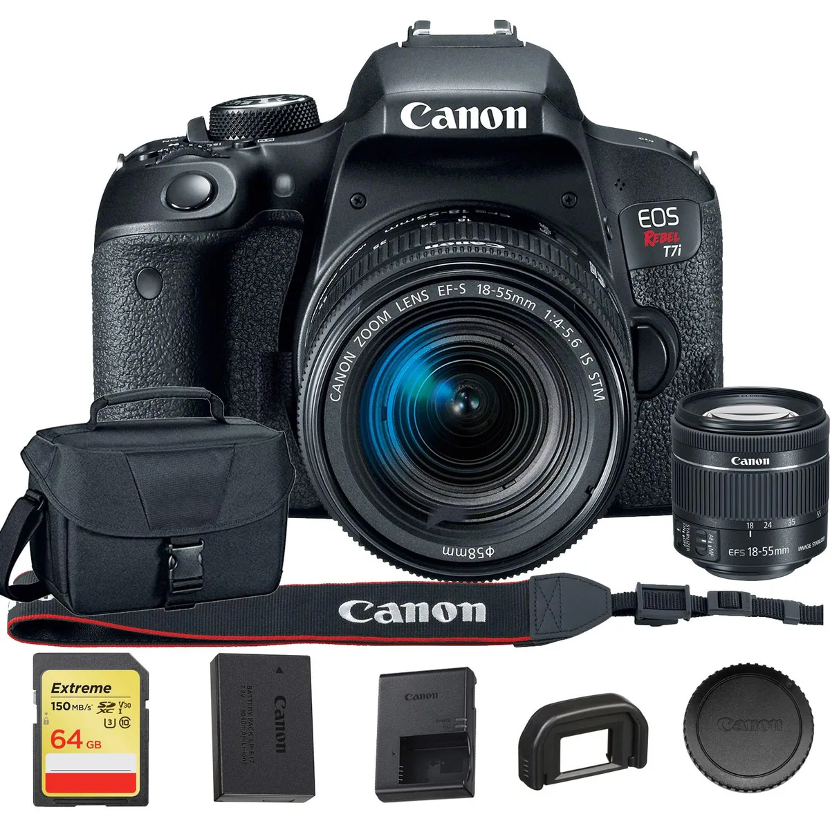 Canon International Canon International EOS Rebel T7i DSLR camera 18-55mm lens 64GB card bag — product photo