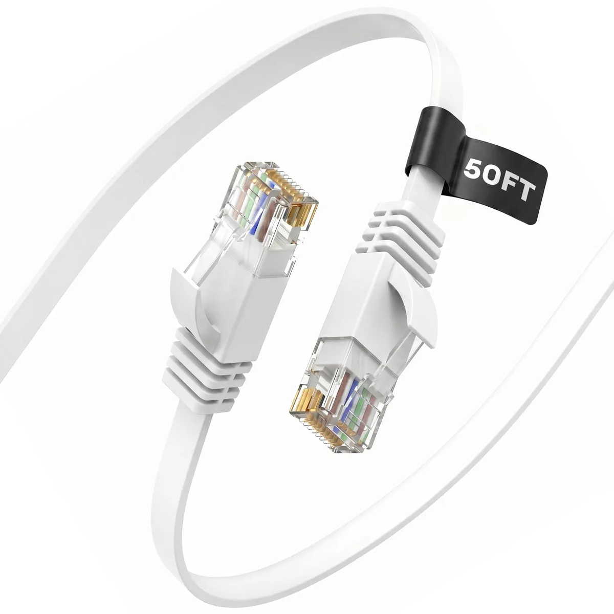 White flat Cat 6 Ethernet cable, 50 ft length, RJ45 connectors, slim flexible design