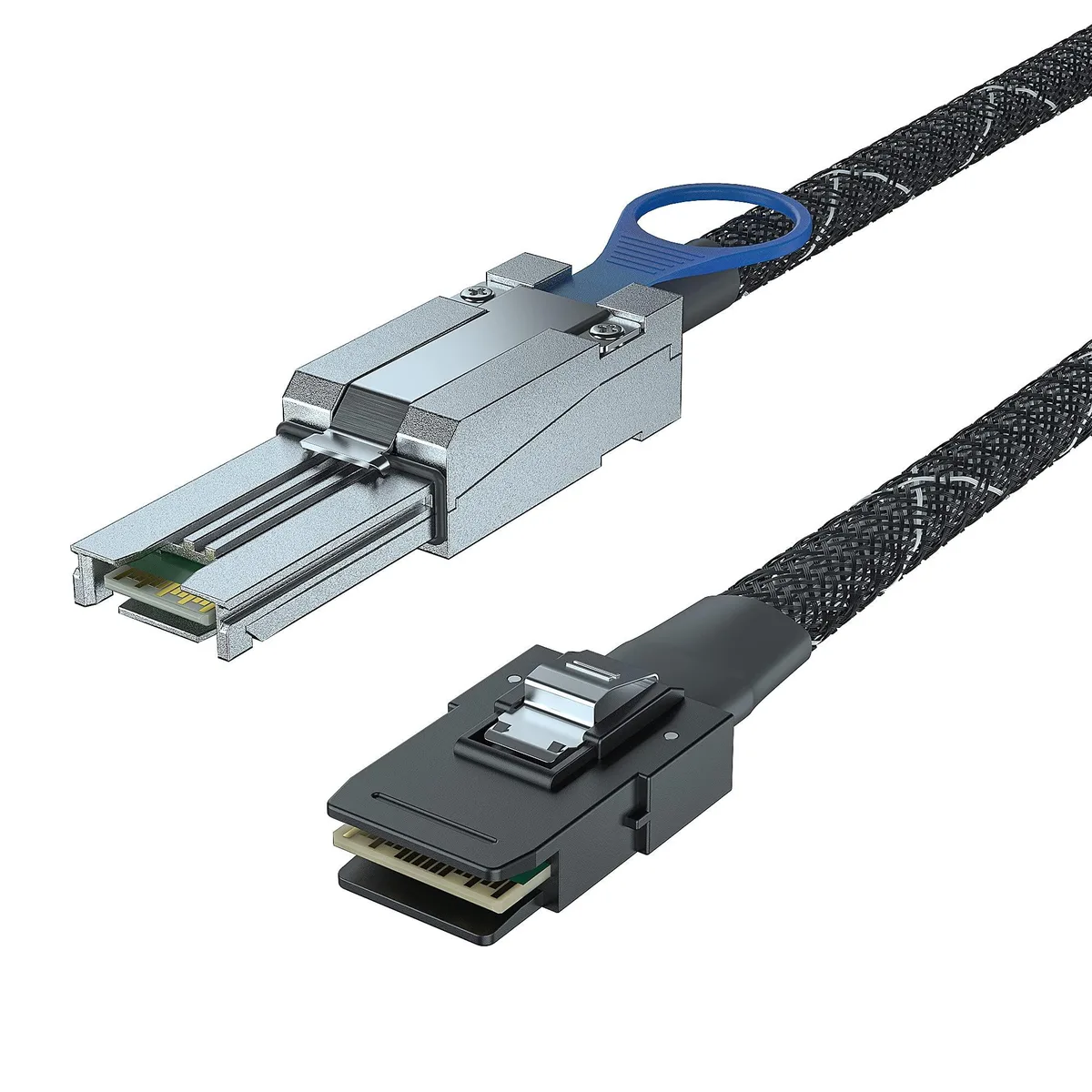 Short .5 m Mini SAS cable with external 26-pin SFF-8088 and internal 36-pin SFF-8087 connectors, 30 AWG, blue jacket