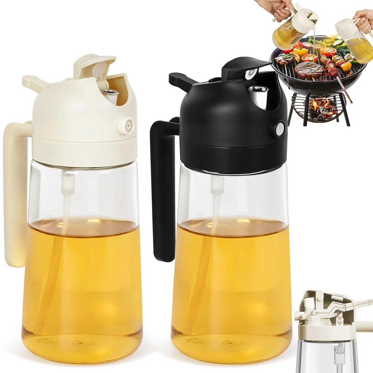  2Pcs Olive Oil Dispenser 2 in 1 Sprayer 470ml Glass Black &amp; White — product photo