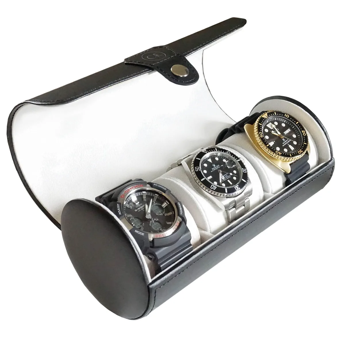 Black faux-leather watch roll with hard-shell interior, three cushioned compartments, debossed logo