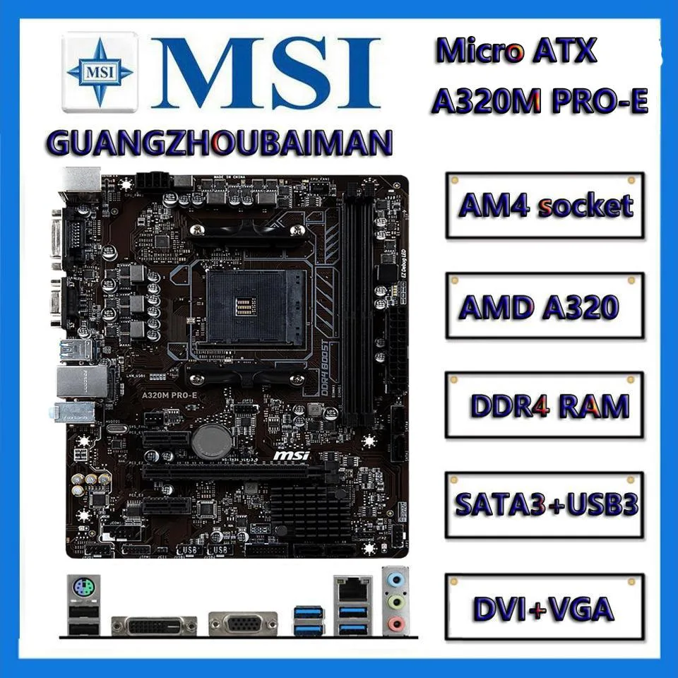 MSI A320M PRO-E micro-ATX motherboard, matte black PCB with silver heatsinks