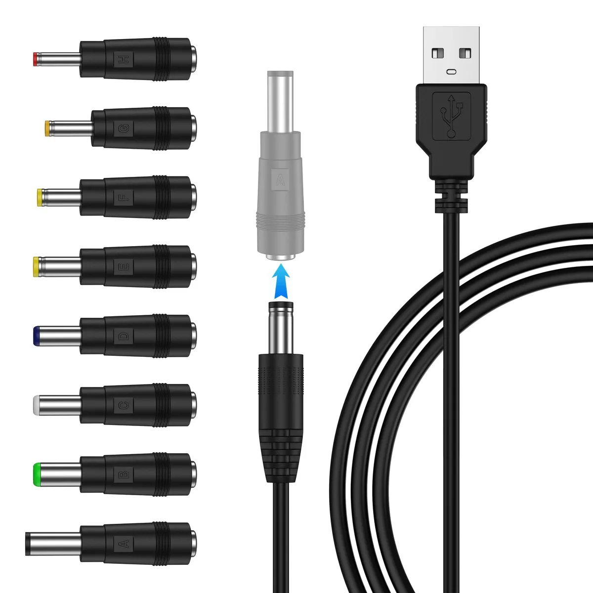  Netgear USB-A to DC 5.5 x 2.1 mm cable 1 m with 8 adapters — product photo