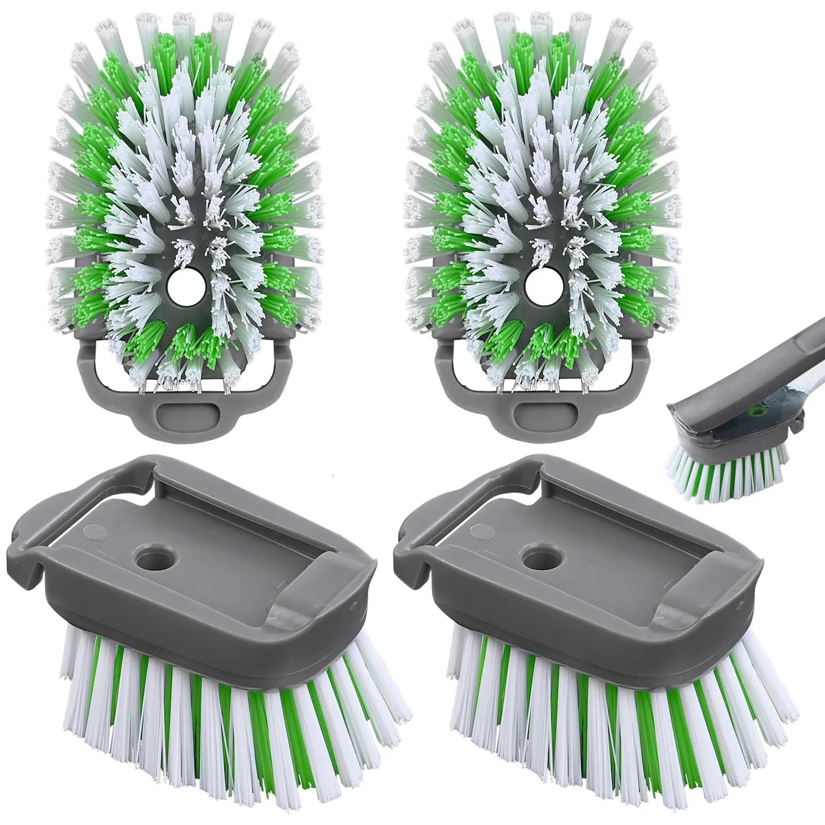 Four white brush refills with nylon bristles and click-on heads