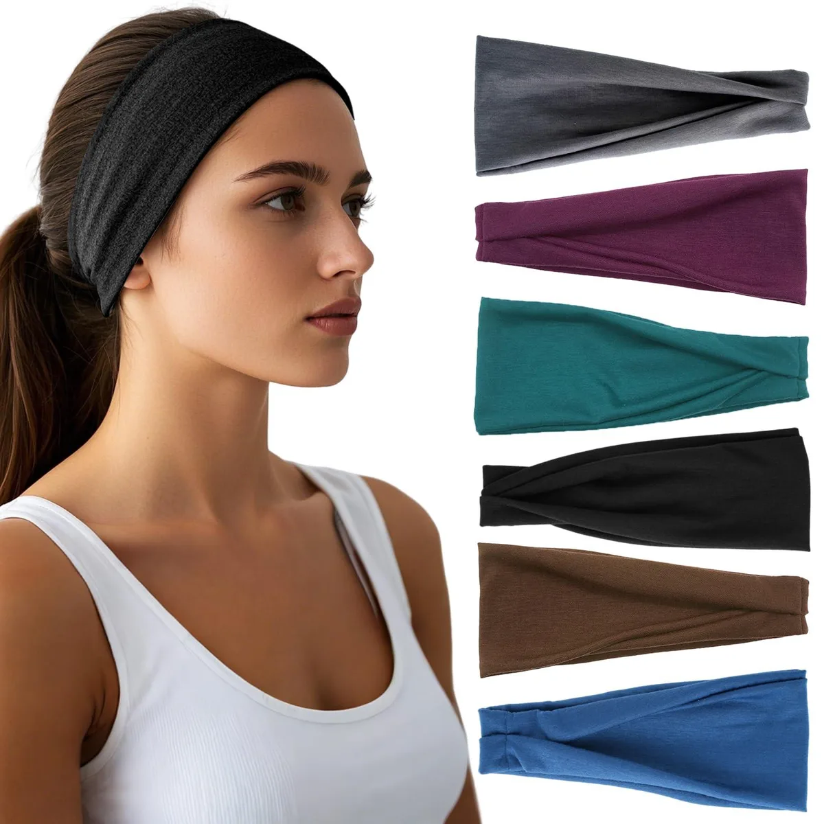 Six wide elastic hairbands in dark earth tones, folded flat showing soft polyester fabric texture