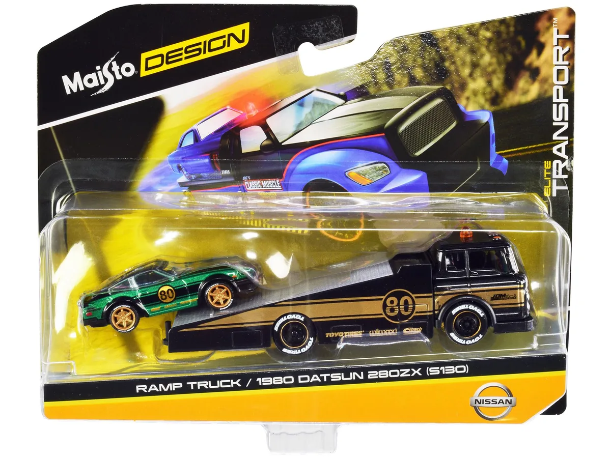 Maisto Maisto Ramp Truck #80 Dark Gray/Gold &amp; 1980 Datsun 280ZX #80 Green 1/64 Diecast Set — product photo