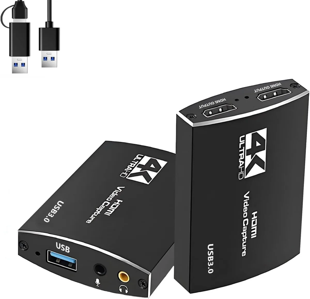 Small black aluminium capture box with HDMI in and out ports and a USB 3.0 connector