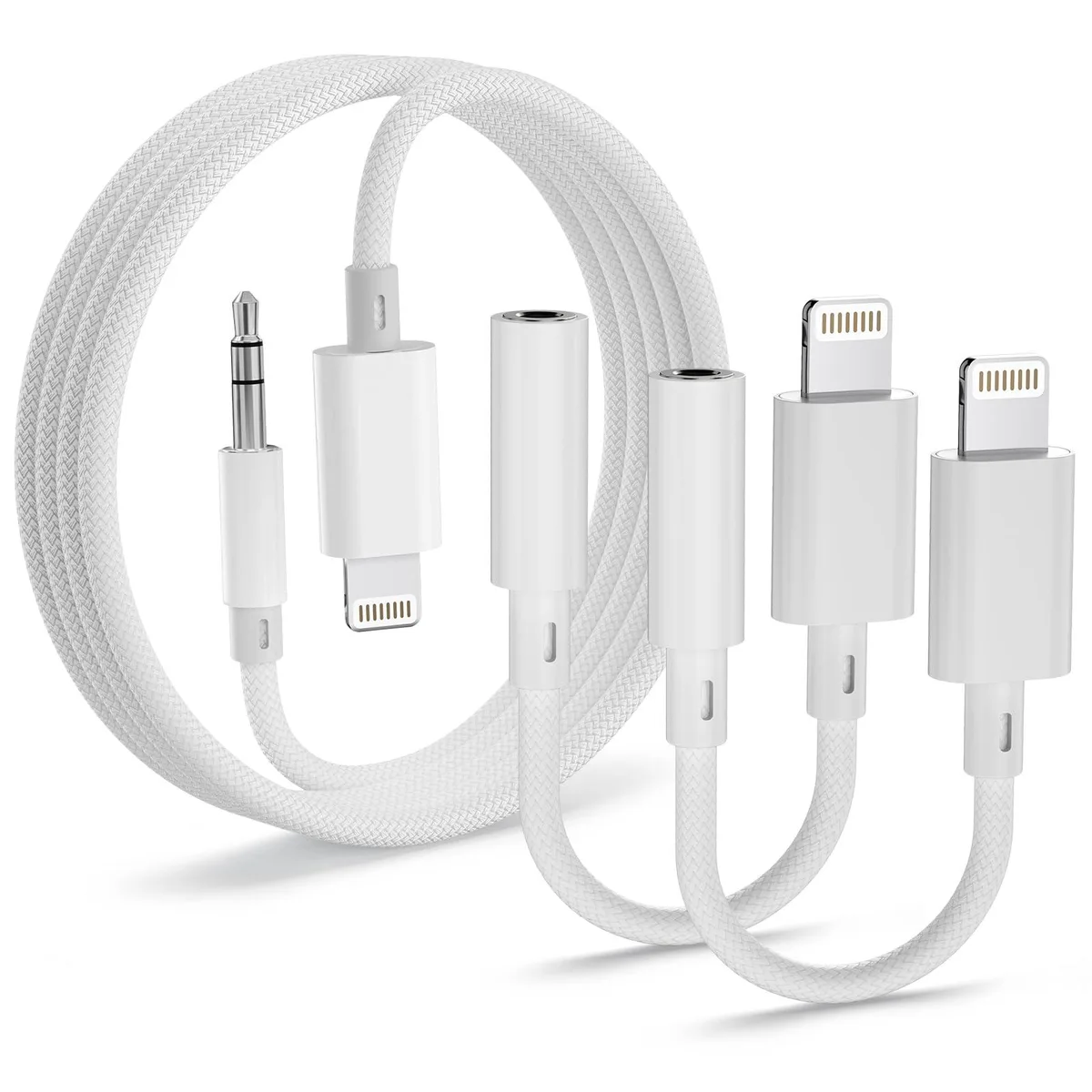 IQ XD01+XB03 Lightning to 3.5mm Audio Adapter 2 Pack with 4ft Aux Cable — product photo