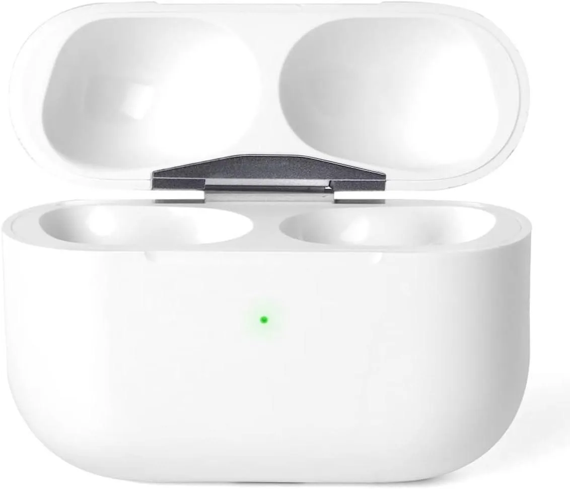 White compact charging case with smooth hinge and front LED indicator