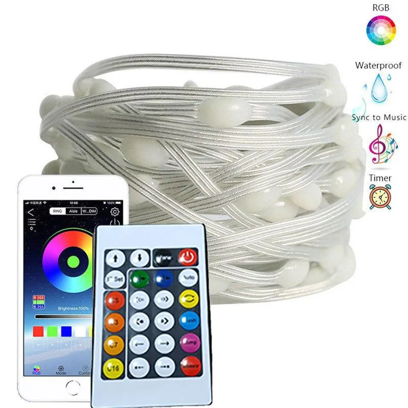 Transparent PVC tube enclosing 100 RGB LEDs on 33 ft colourful wire with USB power and remote