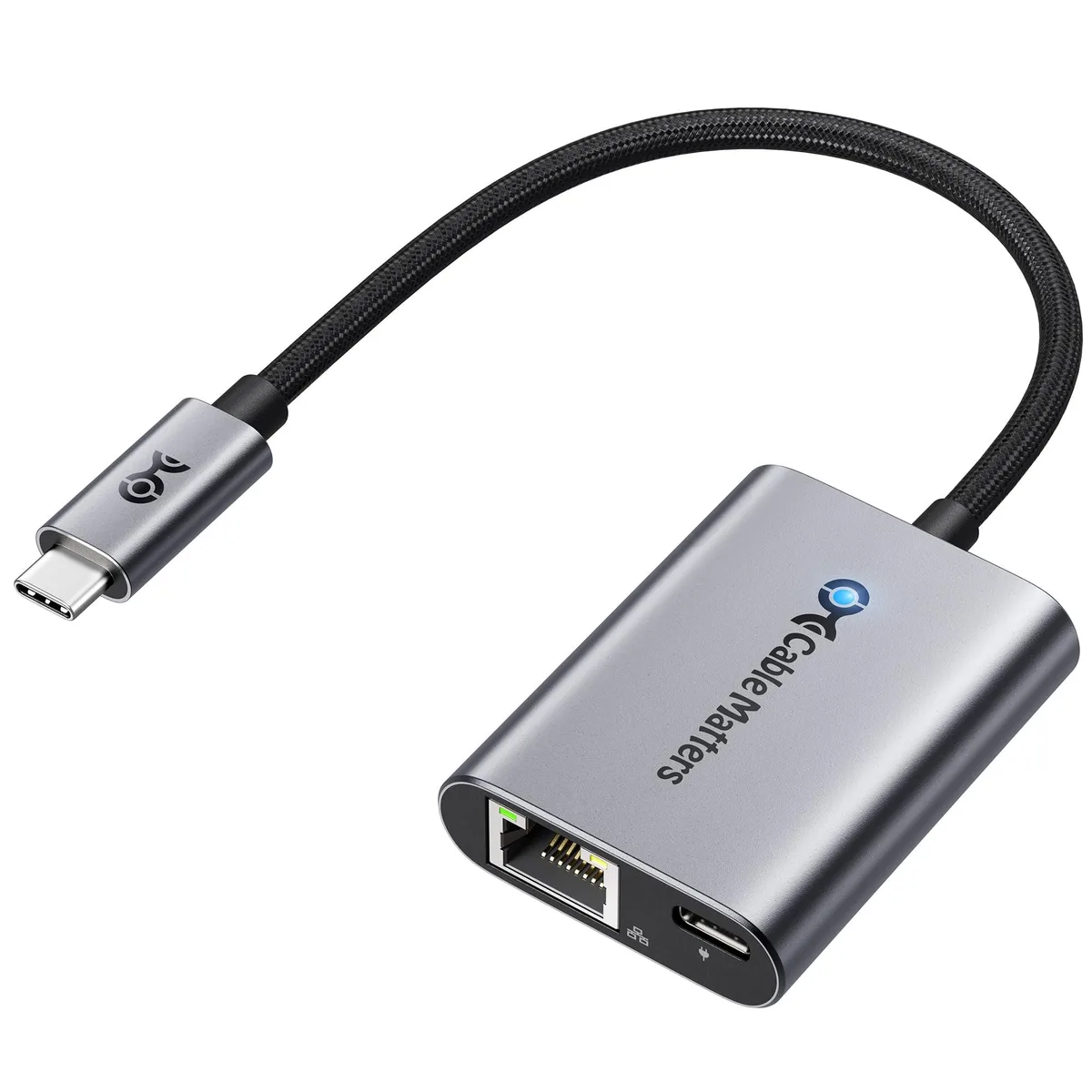 Compact black USB-C adapter with braided cable and RJ45 port