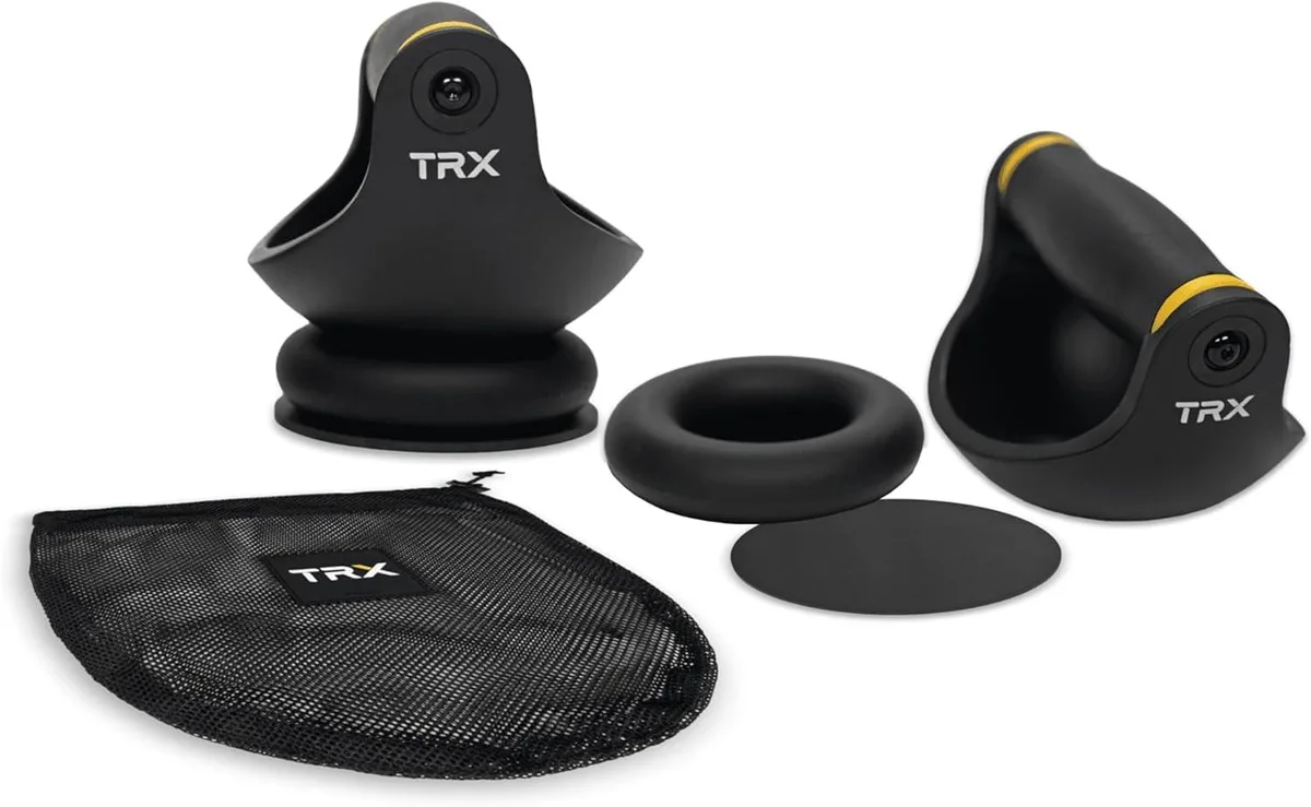 Pair of black push-up handles with curved grips and rubber bases