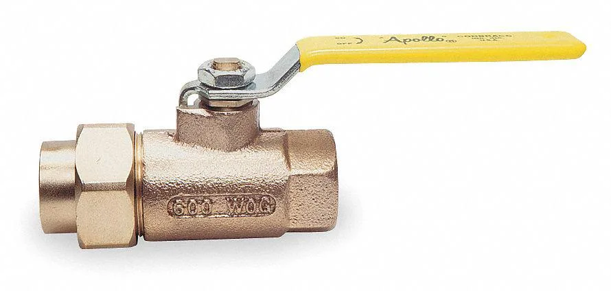 Bronze inline single-union ball valve with lever handle and vinyl grip