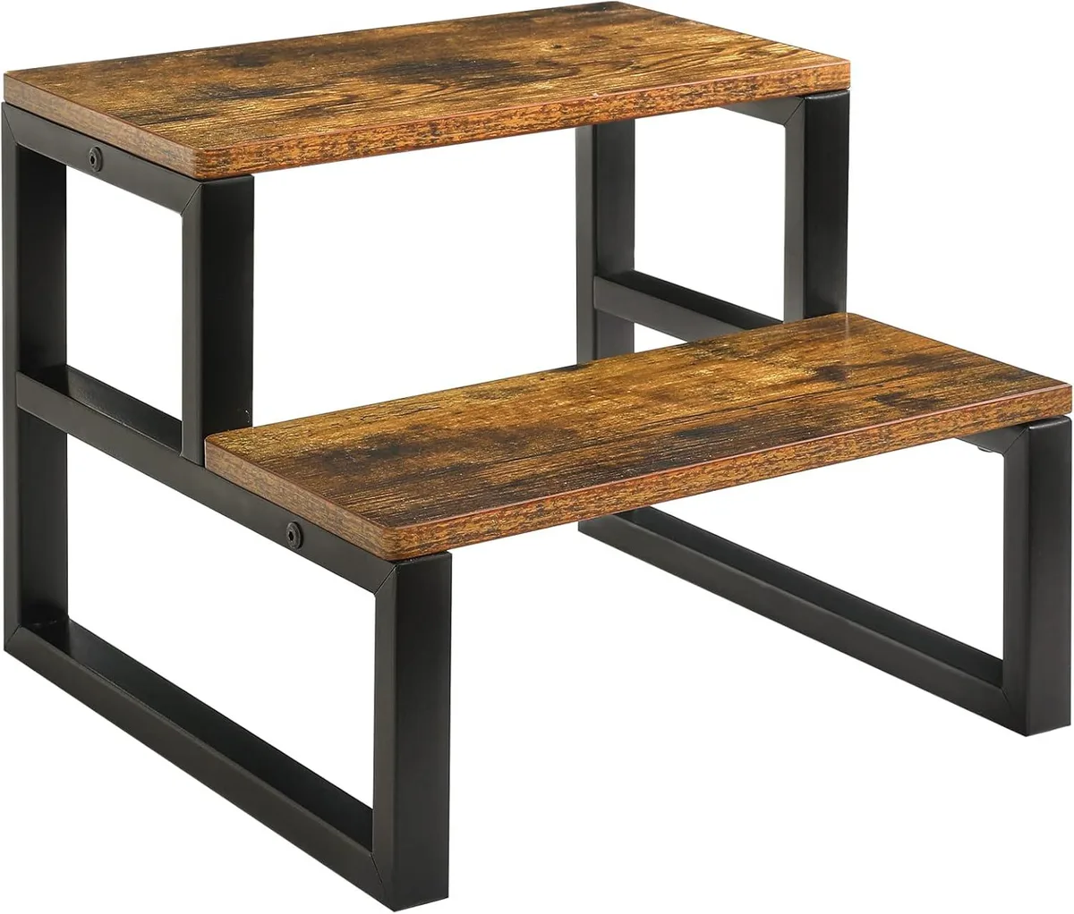 Two-step wooden stool with iron frame, rustic brown finish