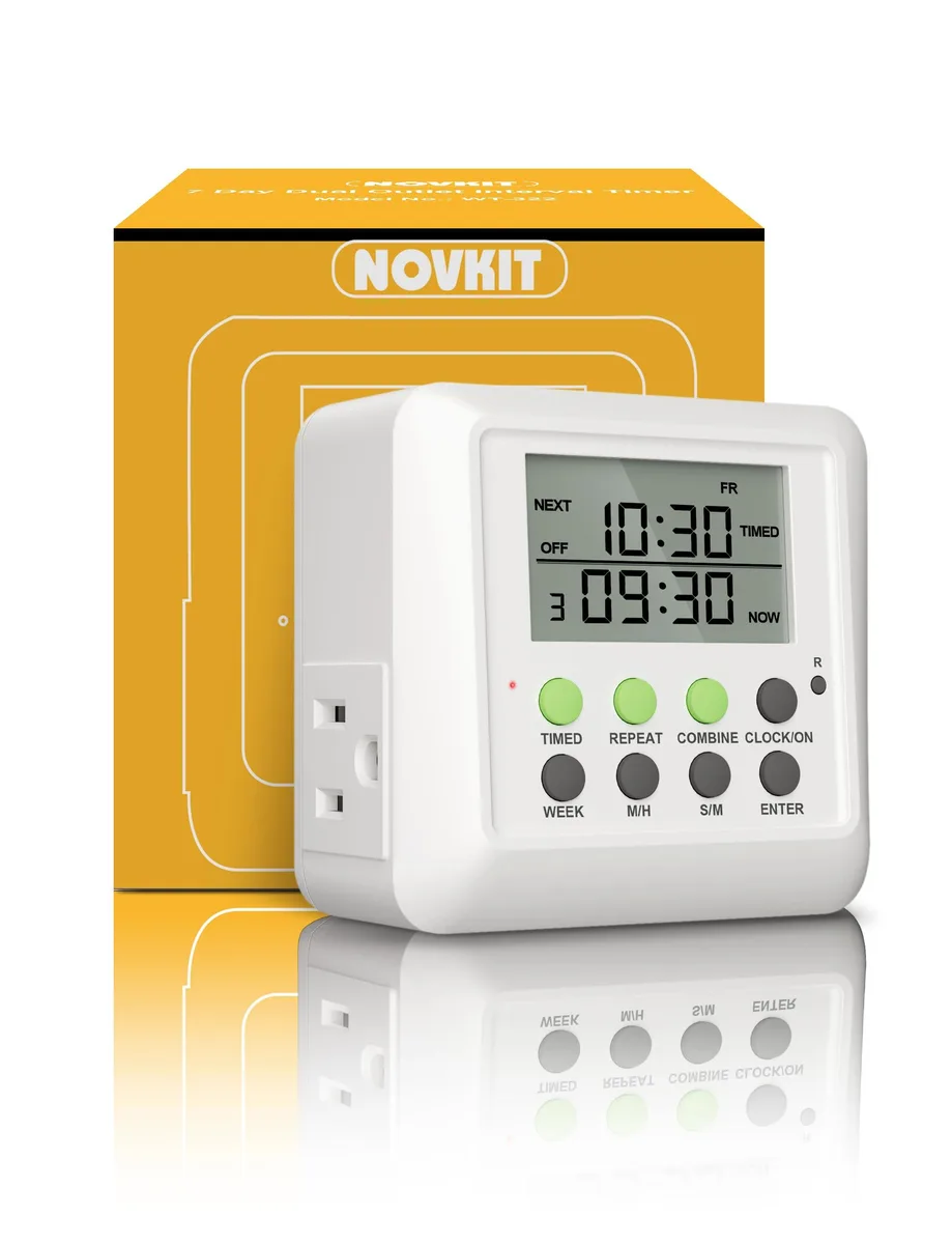 White rectangular digital timer plug with two grounded outlets and LCD display