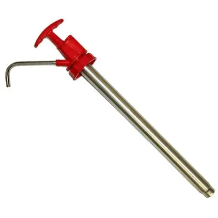 Grey polyethylene pump head on vertical steel tube with 48 inch discharge hose and steel spout