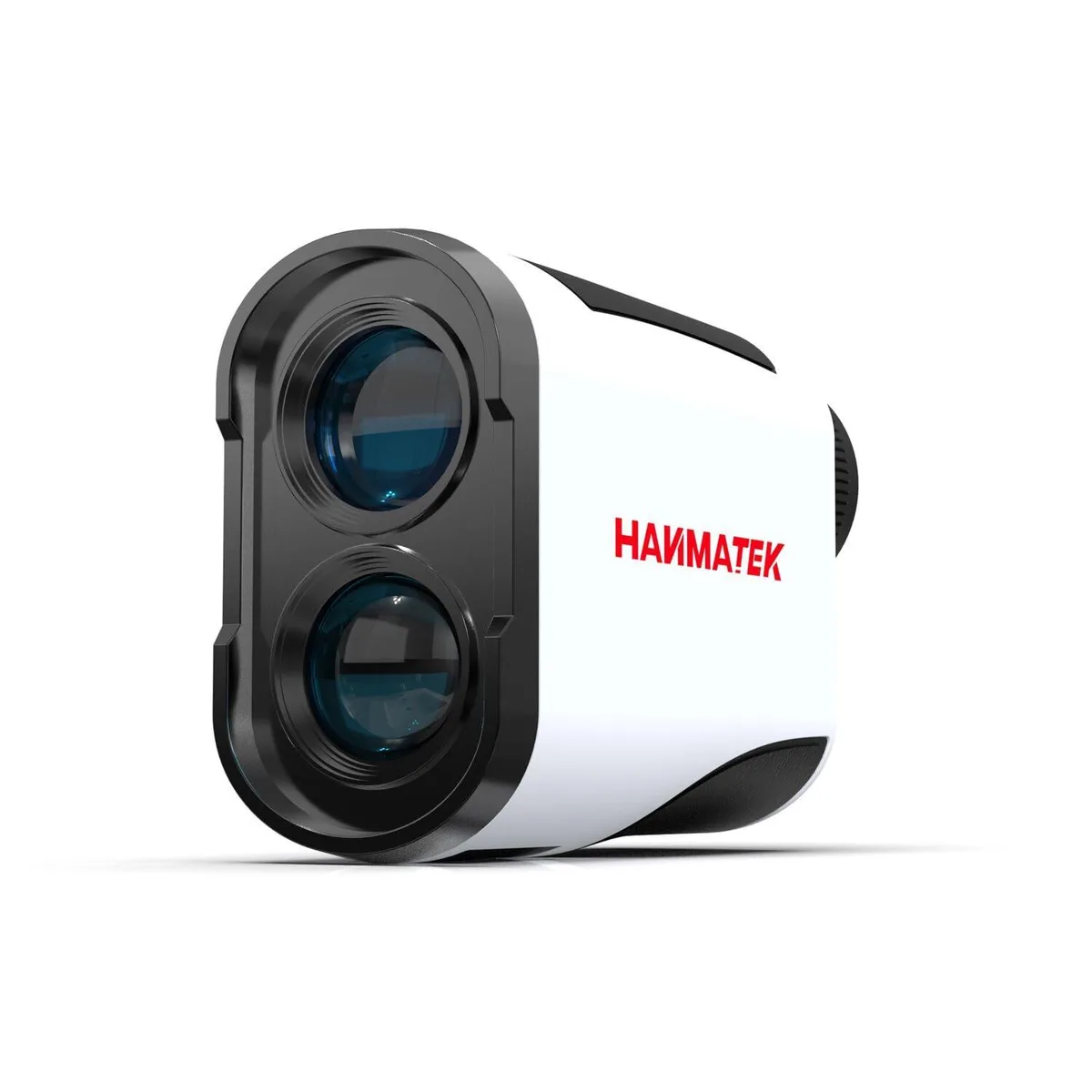 Black compact golf rangefinder with LCD screen, carabiner and USB-C cable