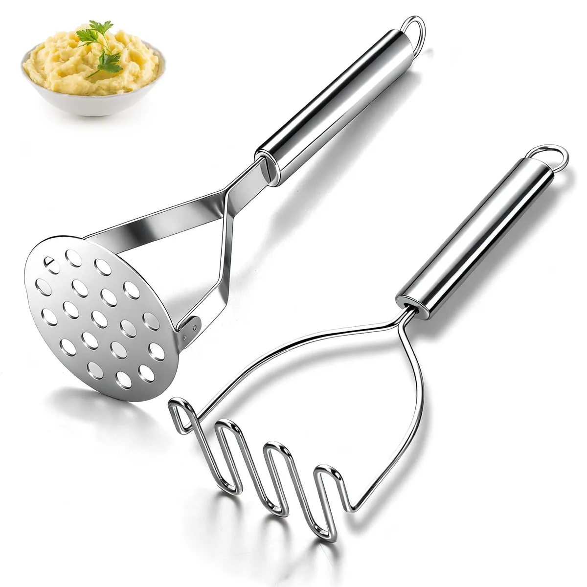 Two stainless steel mashers, one linear head one perforated round head, silver handles with hanging holes