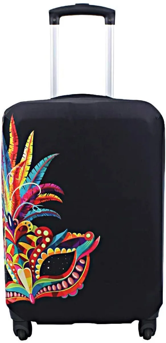 Elastic Carnival luggage cover for 23-26 inch suitcases, black polyester-spandex blend with handle openings and bottom zipper