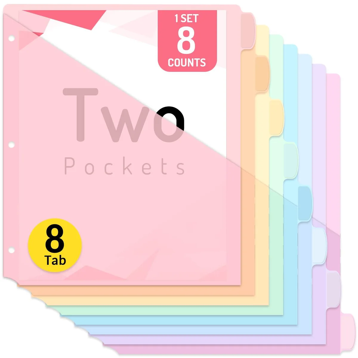 Pink PVC binder dividers with eight multicoloured tabs and slash pockets, letter size