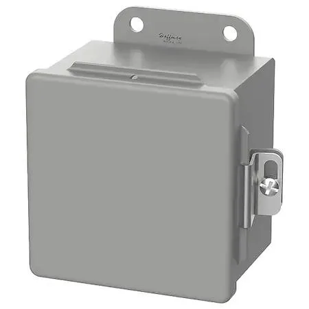 Gray powder-coated carbon steel electrical enclosure, hinged cover with screw-down clamps, wall-mountable, 4 in height, 3 in depth