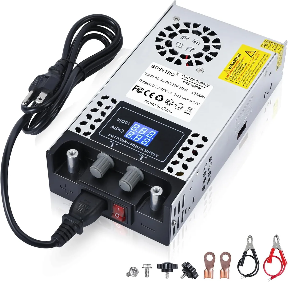 Rectangular aluminium power supply with digital display and terminal posts