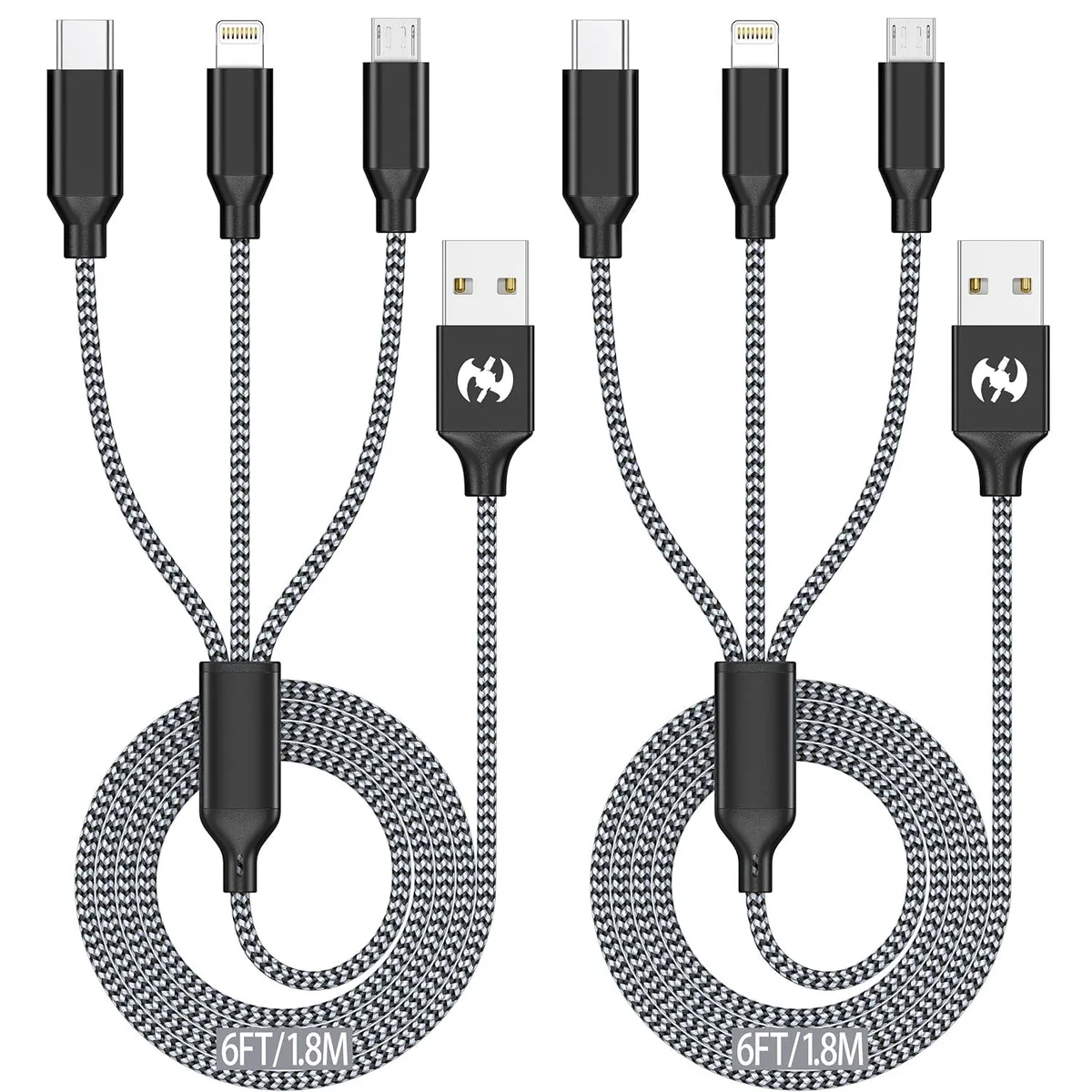 Kootion Kootion 3-in-1 USB Cable 6ft 2-Pack Lightning Type-C Micro-USB Nylon Braided MFi Charger — product photo