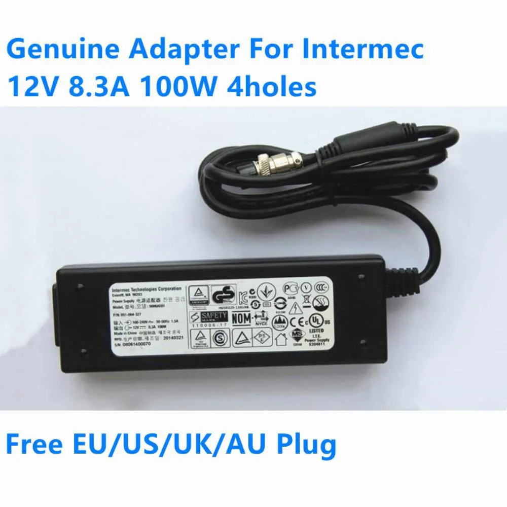 Black rectangular AC adapter with four-hole output connector and detachable power cord