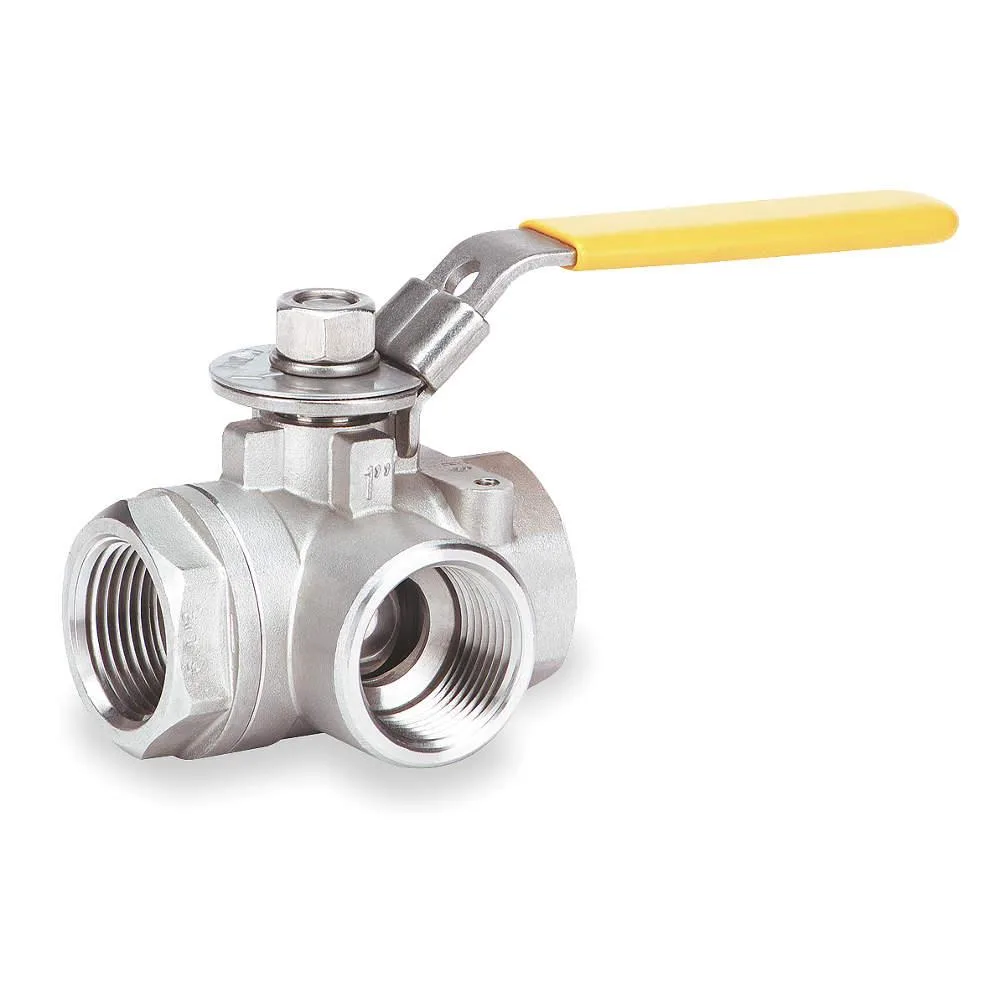 Stainless steel three-way ball valve with three female NPT ports