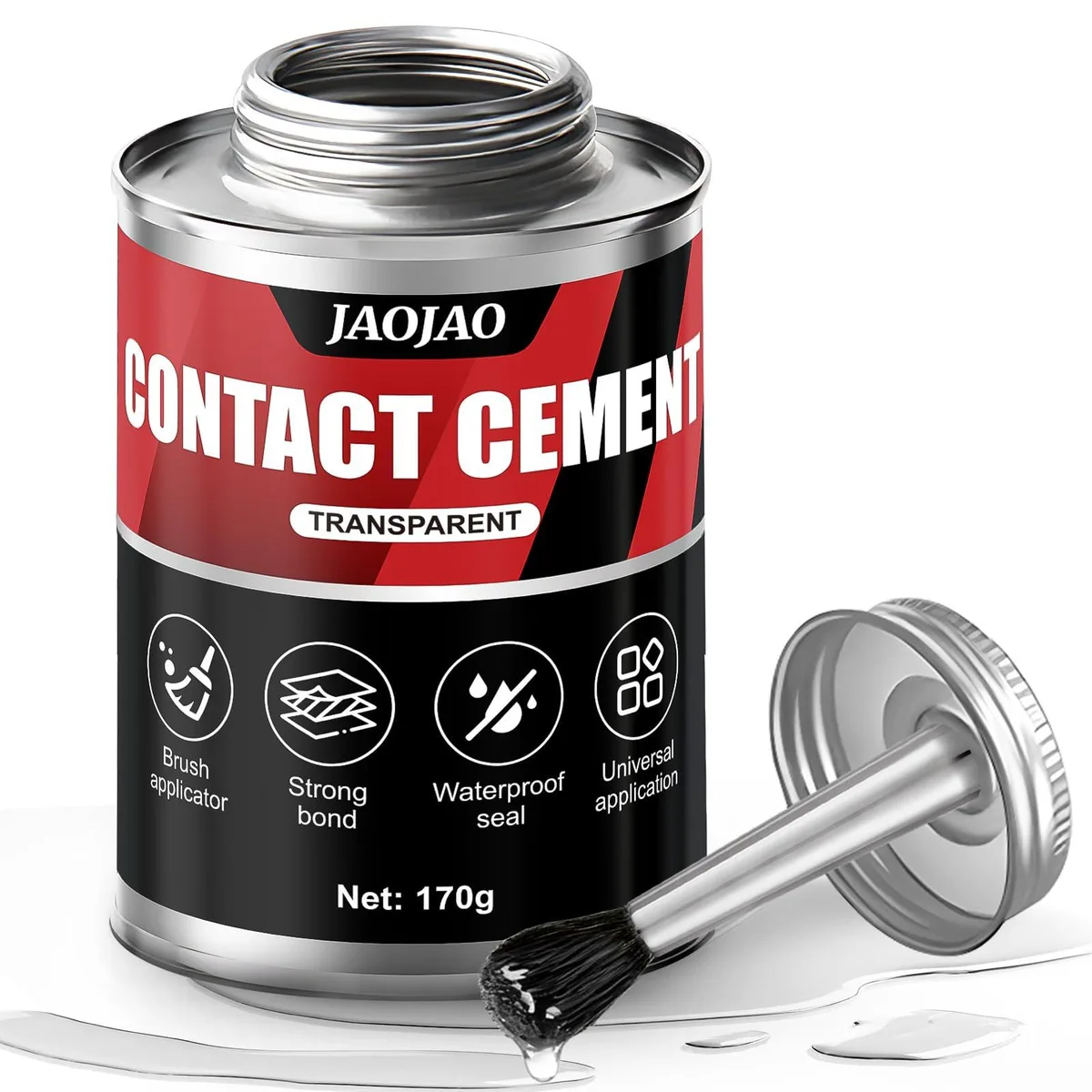 Clear liquid adhesive in a small cylindrical bottle with integrated brush cap