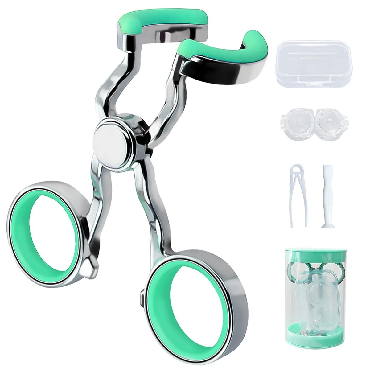Green alloy contact lens applicator with silicone suction cup and tweezers