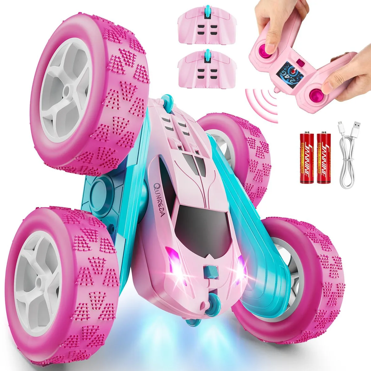 QUNREDA Pink 2.4 GHz Double-Sided RC Stunt Car — product photo