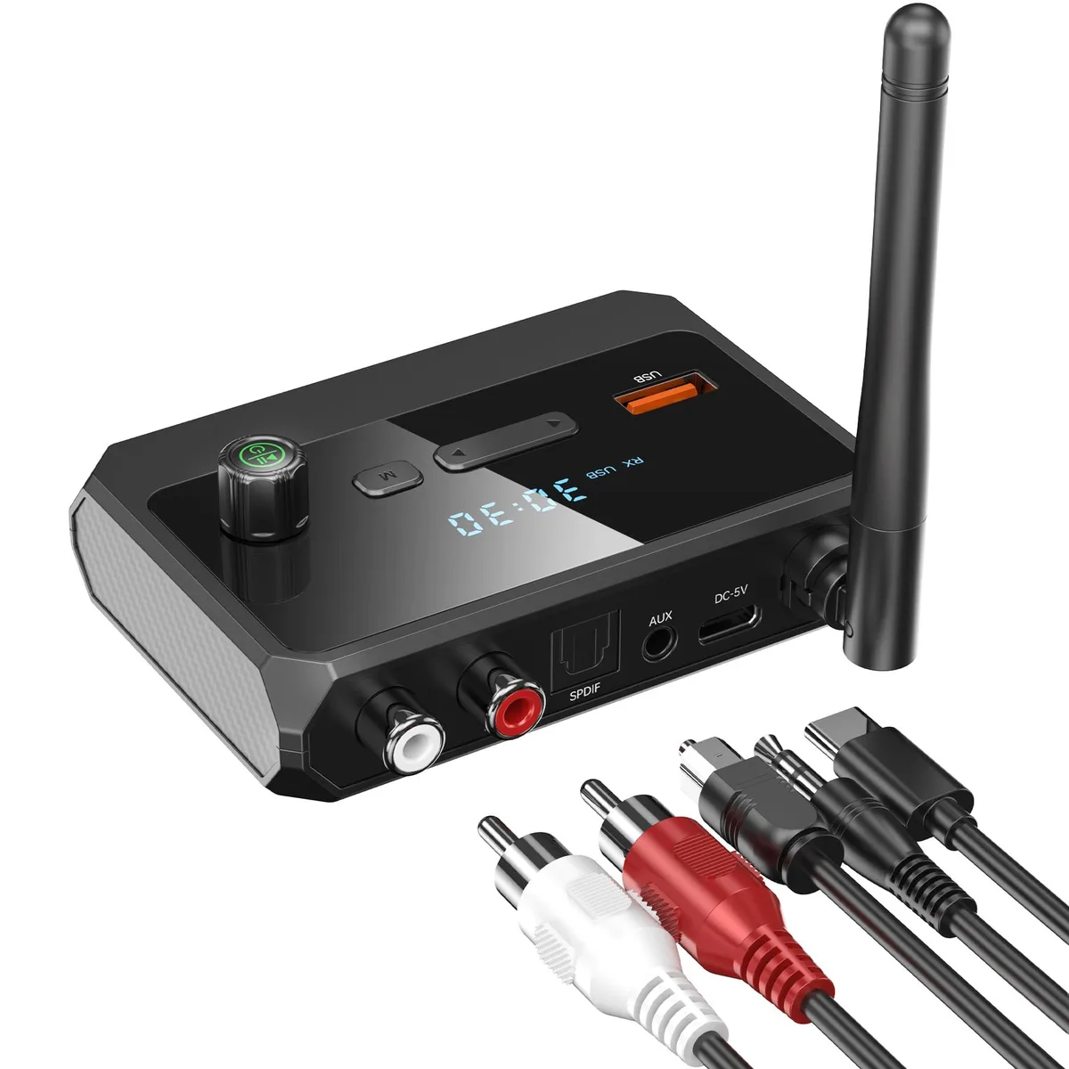 Compact black Bluetooth 5.4 receiver with LCD screen and RCA, AUX, optical, USB ports