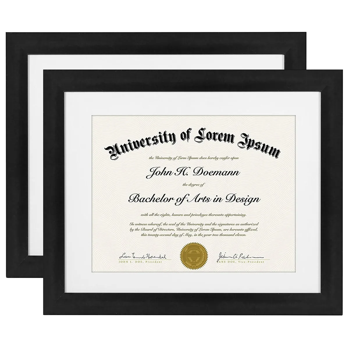 Two black wooden document frames 11 by 14 inches with shatter resistant glass