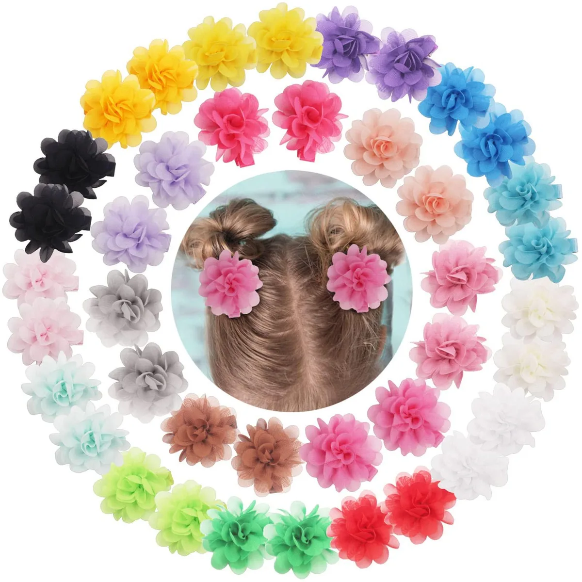 Forty chiffon flower hair bows on metal clips, 2 inch blooms in mixed colours