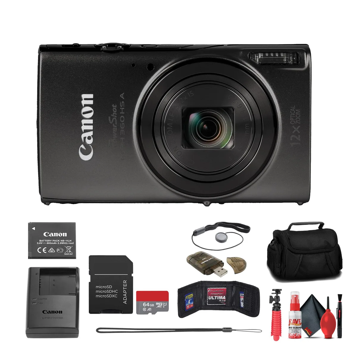 Canon Canon PowerShot ELPH 360 HS A compact camera 20.2MP 12x zoom 3.0" LCD 64GB card bundle — product photo