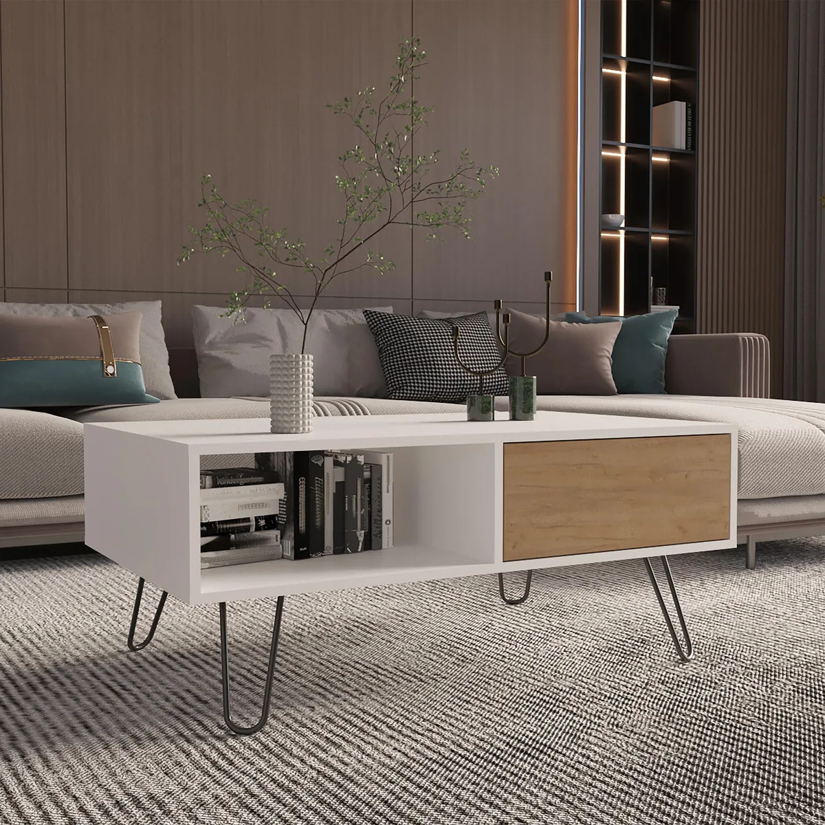 tuphen tuphen Coffee Table, 1 Drawer, 1 Shelf, White / Natural Oak — product photo