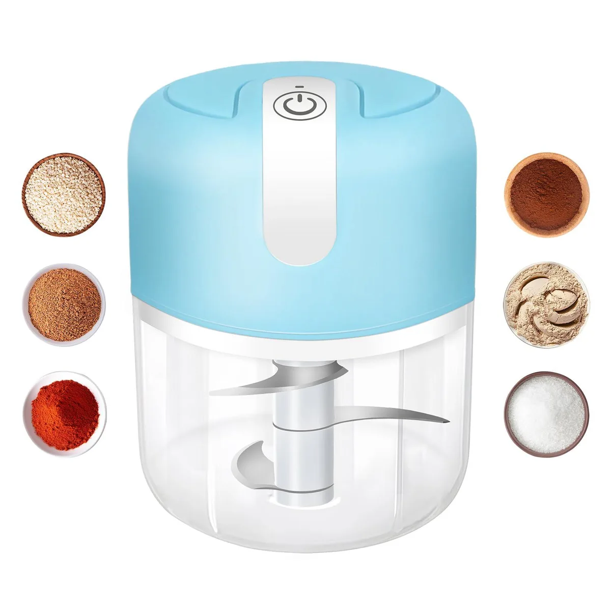 Small blue USB food processor with clear bowl and lid