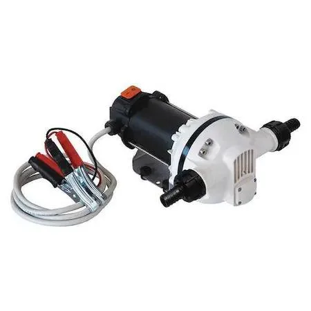 Silver cylindrical 12 V DC drum pump with hose barb outlet and 72 in power cord