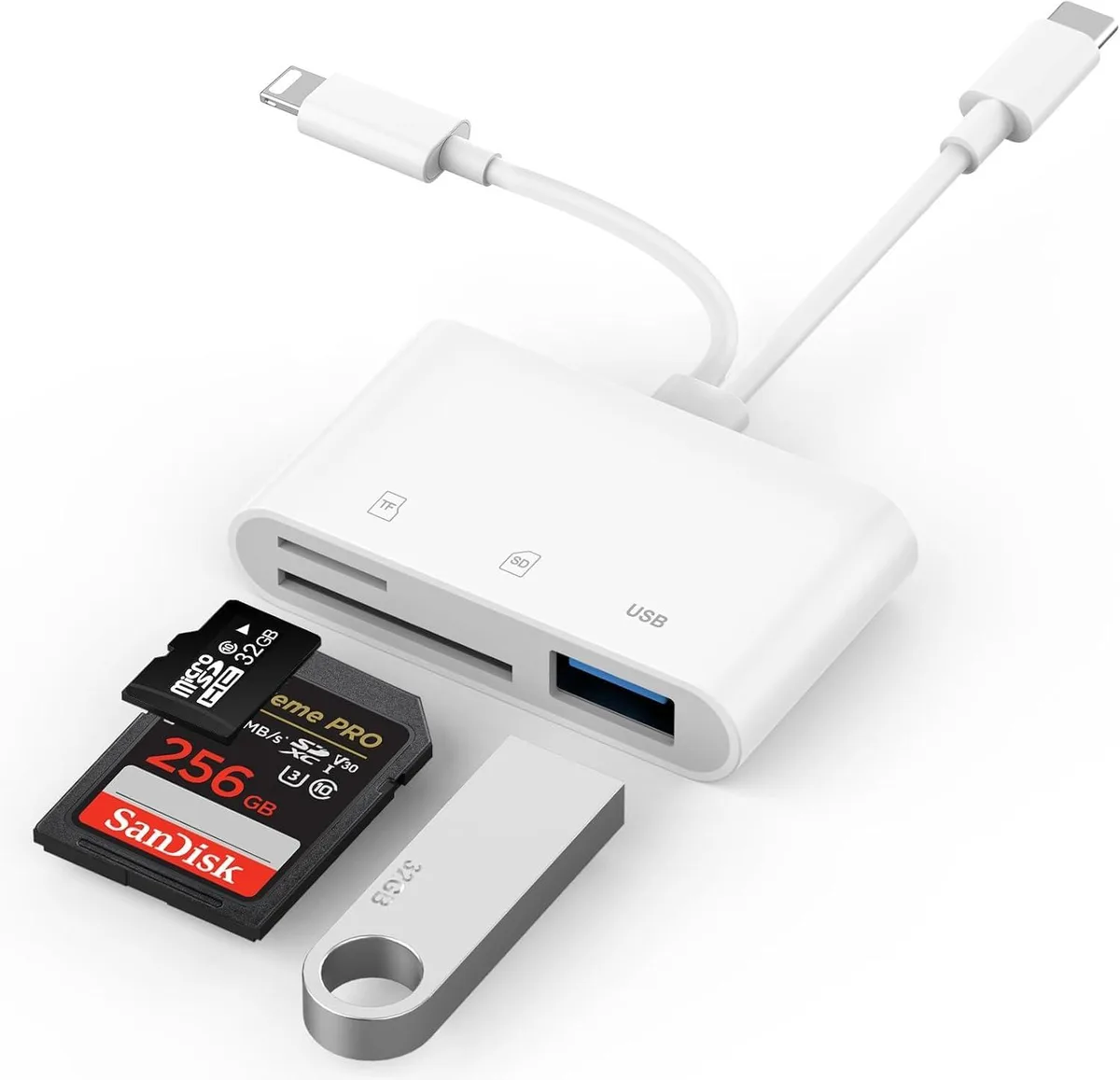 Small rectangular SD card reader with USB-C and Lightning connectors, matte finish