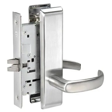 Curved lever lockset in satin chrome finish with escutcheon plate