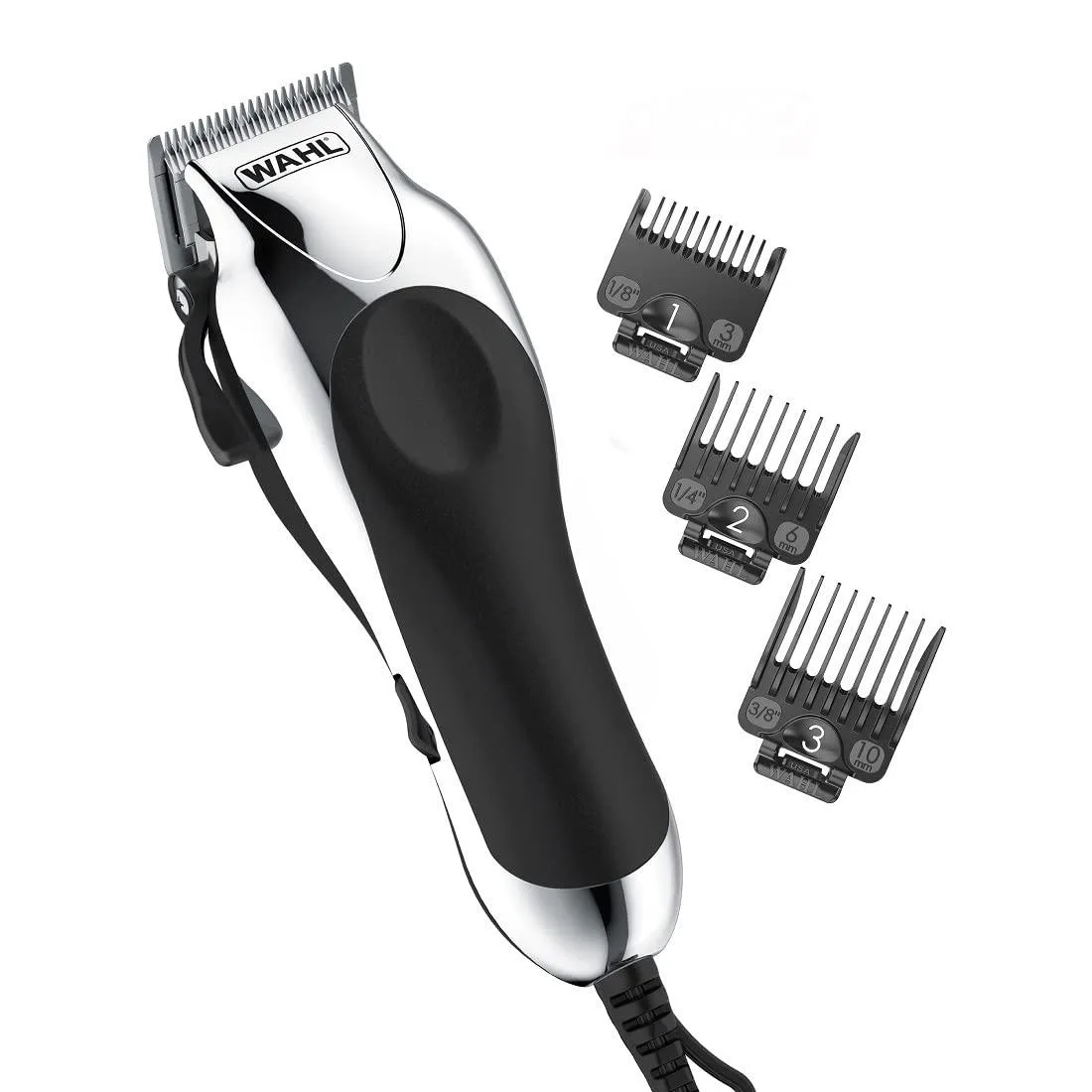 Chrome corded hair clipper kit with 13 attachment guards and adjustable taper lever