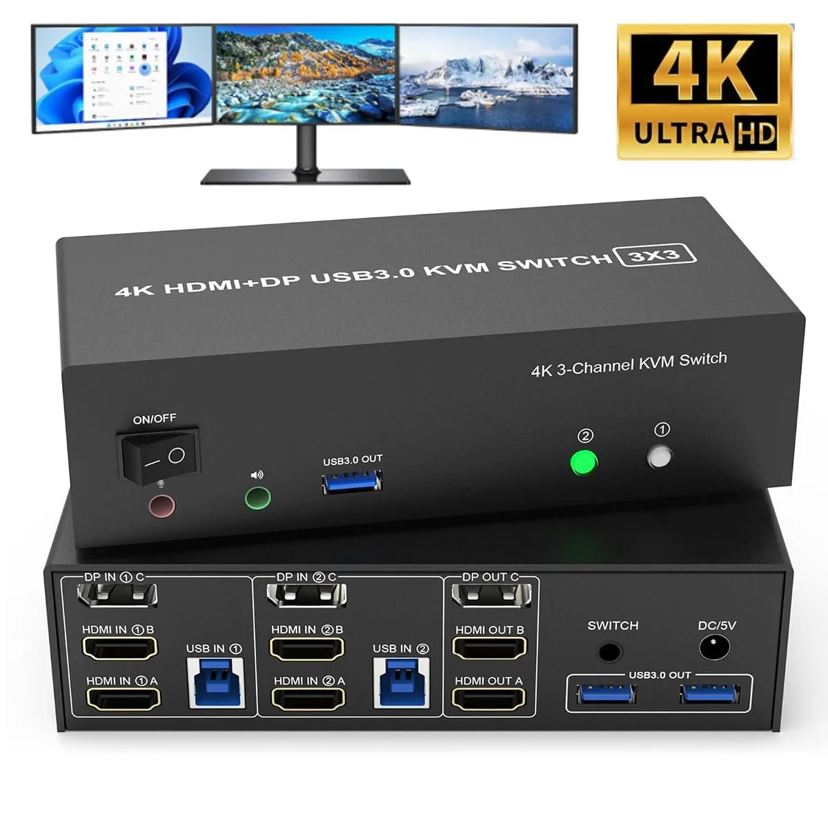 Hitoor Hitoor KVM Switch 3 Monitors 2 Computers 4K@60Hz 2 HDMI + DisplayPort — product photo