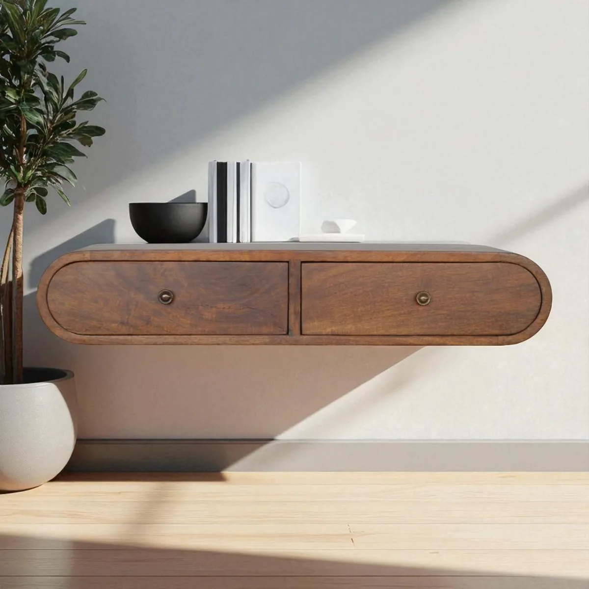 Wall-mounted chestnut wood console with two drawers and shiny knobs