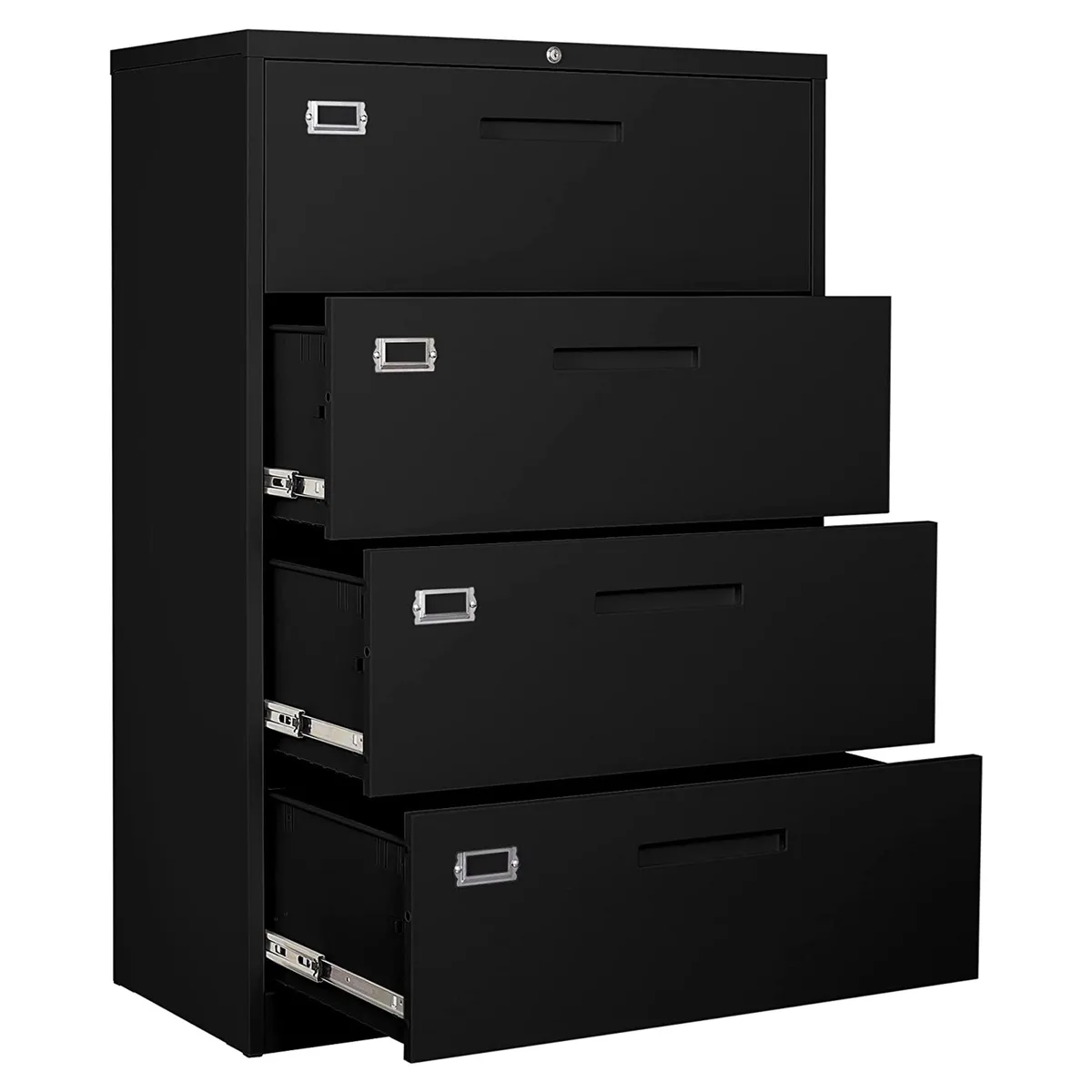 Grey steel four-drawer lateral file cabinet with metal handles and name-tag slots