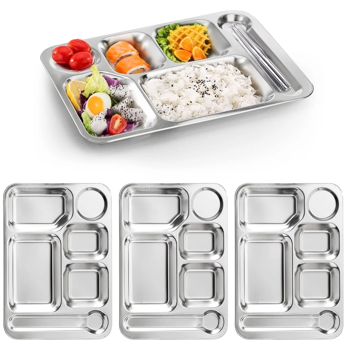 Set of four stainless steel rectangular trays with six compartments each, brushed silver finish