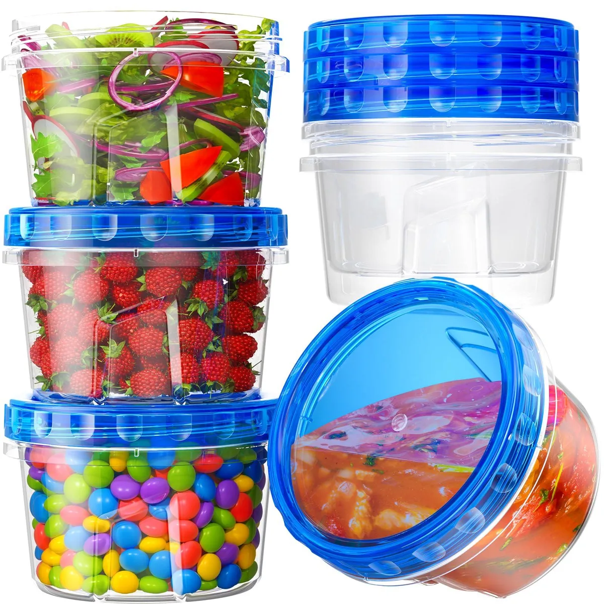Six translucent plastic 17oz containers with white twist lids