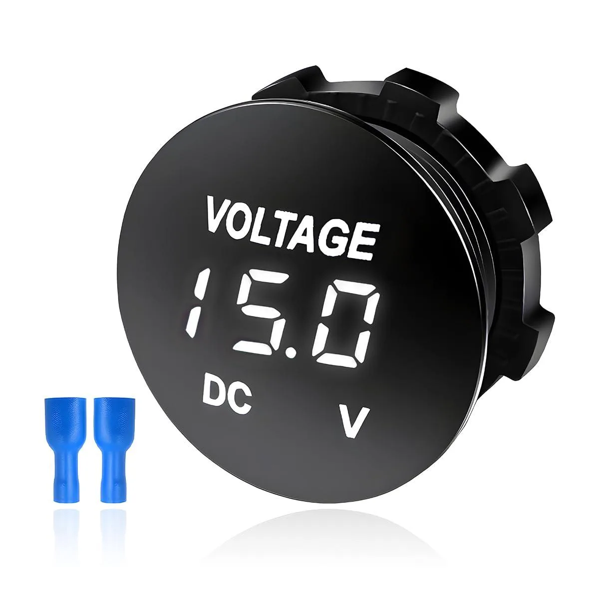 White round digital voltmeter with LED display for 12 24 V systems